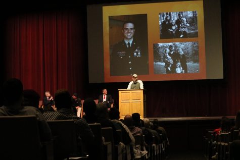 Guest speakers Sgt. Evan Hutson (pictured), Mr. James McAdams, Mr. Eric Burris, and Chief John Clift share their stories at the Veterans Day Program on Friday, November 11th