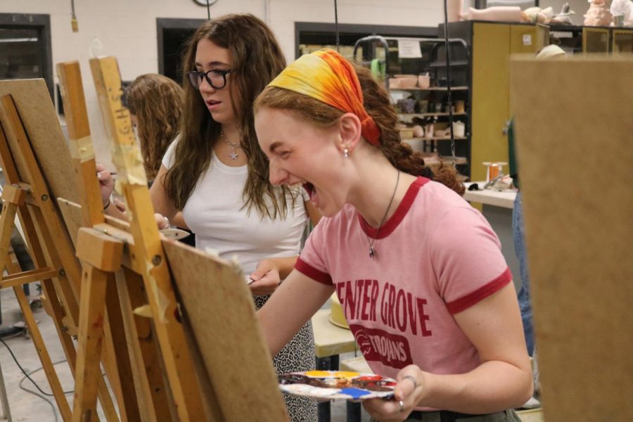 Seniors Emma Helweg and Madelyn Yaden compete during the first ever Classroom Clash in teacher Nathan Frys AP Art class.