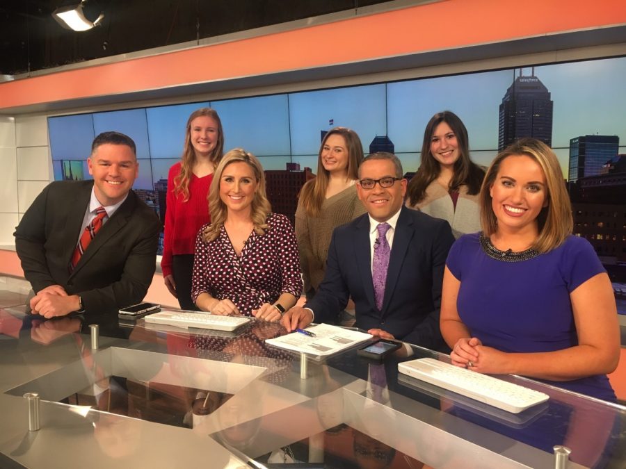 CG Publications students Kelsey Osborne, Olivia Oliver and Maddie Heineman pose for a photo with the RTV6 Morning show cast including Todd Klaassen, Meredith Barack, Rafael Sanchez and Lauren Casey.