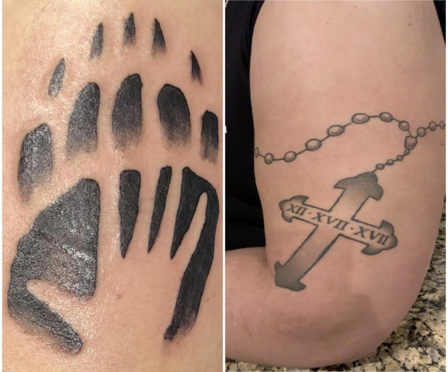 (Left to right) Meg Whites tattoo, Andrew Warners tattoo