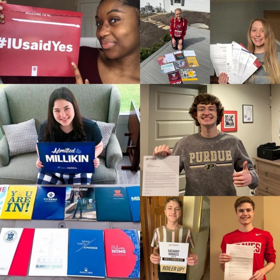 Seniors+hold+up+their+college+admission+letters.
