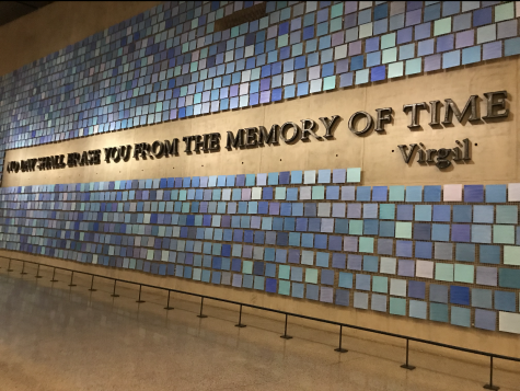 Blue tiles representing the clear blue skies on Sept. 11 line the entrance wall to New York Citys 9/11 Memorial Museum