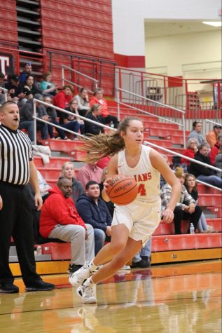 Lilly Bischoff drives to the rim in Center Grove’s 78-16 victory over Edinburgh. Bischoff finished with 6 points, shooting 3-4 from inside the arc.
