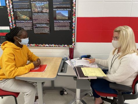 Sophomore meets with counselor to schedule for next school year.