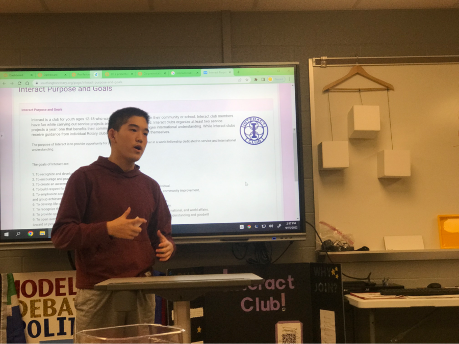 While at a recent Interact Club callout meeting, sophomore Shawn Liu campaigns for club vice president. “I was speaking about how I could help this club grow,” Liu said. “And how my talents and how I was good at this could benefit the president.” Interact Club is a volunteer work-based club meant to provide students with opportunities to better their community.
