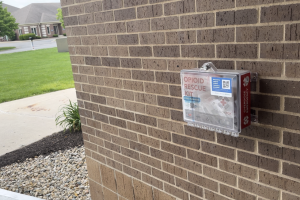 Nalox Boxes, which contain the overdose reversal medication Naloxone, like these are available throughout the community. The closest one to Center Grove High School is at White River Public Library.