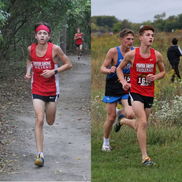 Craig Salo (left) runs in his junior varsity meet while his brother, Jayden Salo (right) rounds a corner in his varsity meet.