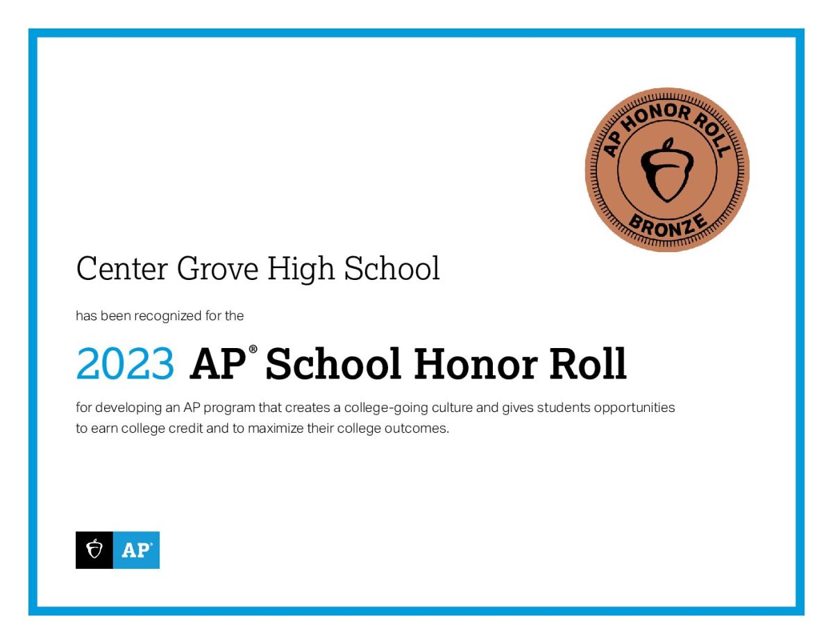 Pictured is the certificate Center Grove recieved for the Bronze AP Honor Roll award