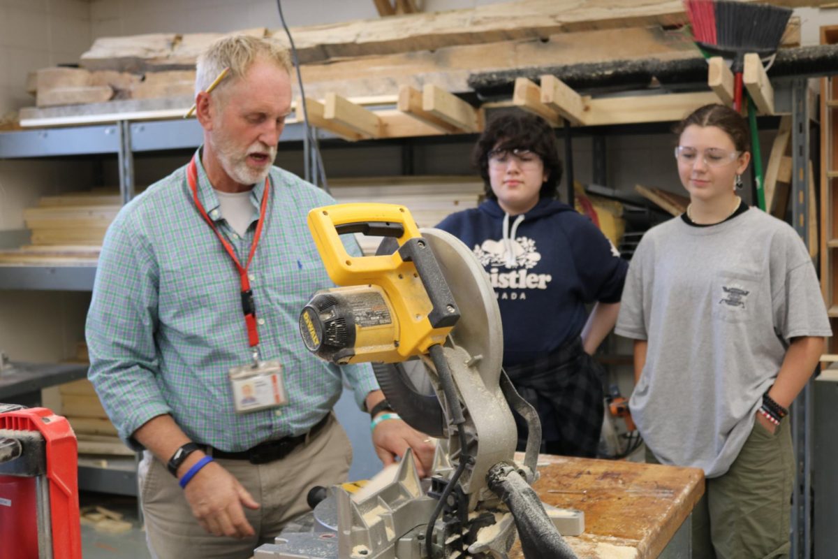 Club sponsor Bryan Werner explains to students how to operate a miter saw properly. 