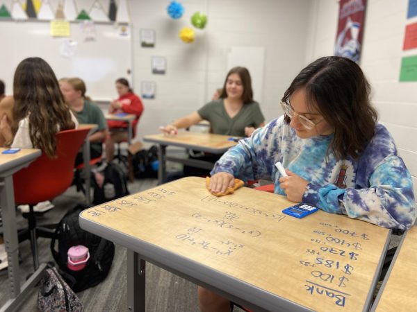 Sophomore Charlie Weir works on a math problem on her desk in Algebra II. The class was playing “math poker”, a game where students strategize and earn prizes for the most questions answered right. “I like it when we play games in class because I have a lot more fun doing my math,” Weir said. “It makes it exciting and everyone is more driven to do well.” 