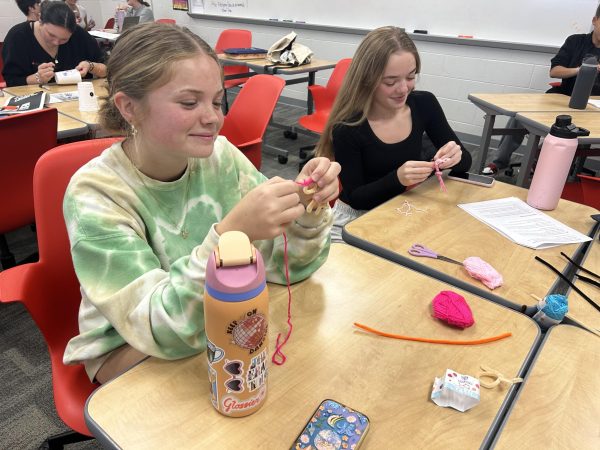 Junior Ella Jansing works on a craft during a Spanish Honor Society meeting. During this meeting students celebrated Hispanic Heritage Month by doing various activities. “For Hispanic Heritage Month we were making worry dolls, which are a traditional craft,”  Jansing said. “My favorite part was working with the people around me to think of creative designs for our dolls.” 