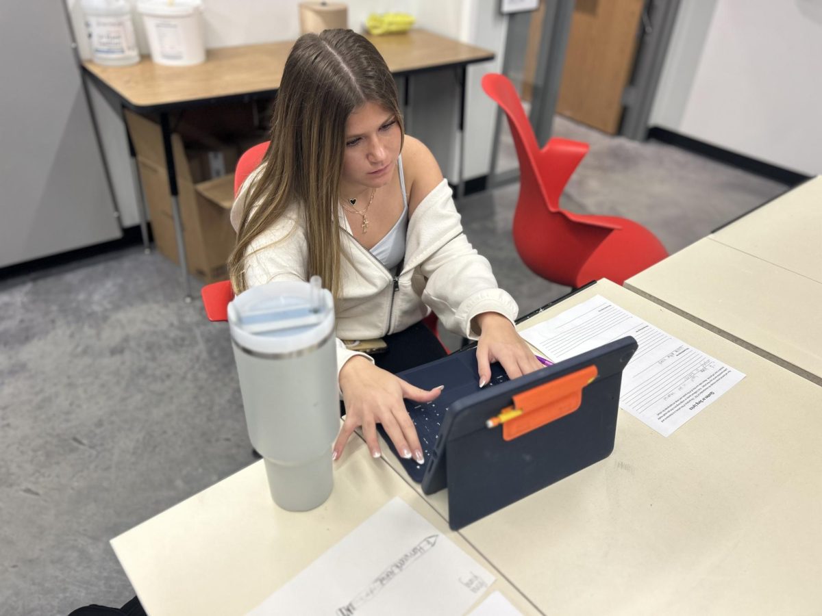 Freshman Anna Young takes a break from her 2D Art class to work on a worksheet. “Art really brings out my creativity and expresses who I am more as an artist," Young said.