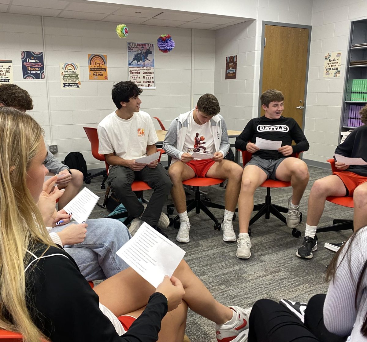 Sophomore Camron Mazdai sits in Spanish class with a group of students participating in a conversation circle. This activity helped students get more comfortable with only speaking Spanish. “We were having a conversation circle using only Spanish to help our conversation and speaking skills,” Mazdai said. “It also helped us to work on the vocab and verb tenses we have learned.”