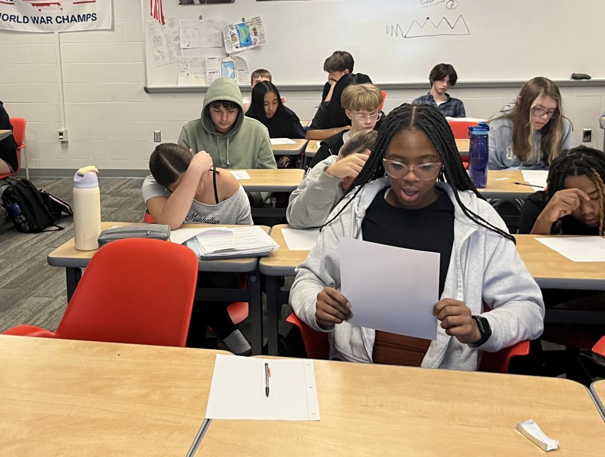 Melodey McCray ‘28 is taking a memory test. McCray was given this test in Mr. Clawsons World History class by medical innovations student Kylie Toney ‘25. McCray said “I was making a rhythm out of the words so I could remember them better.”