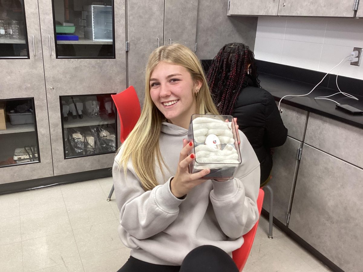 Freshman Jaelyn Snead works on taking care of a real egg. This activity is to help them with future assignments in the early childhood development class. “[It's] to learn how to be responsible and take care of a baby," Snead said.