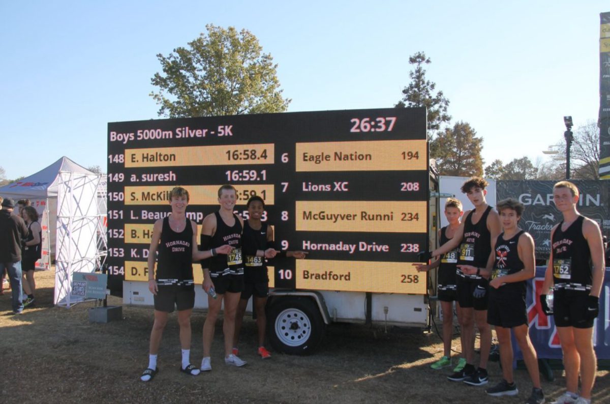 One team of the traveling cross country team poses for a picture in front of the leaderboard. The team finished 9th in the meet.