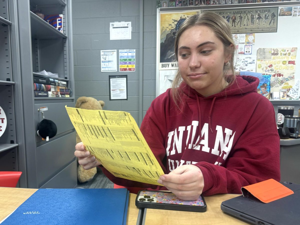 During 5th period AP US History, junior Olivia Jackson looks at her schedule after getting a stamp of approval from social studies teacher Josh Hart. Current juniors must turn in their scheduling forms to their English teachers by January 30th and 31st. “I’m excited for my schedule next year because I think the classes I am taking are more interesting than this year,” Jackson said. “That’s why I put AP Psychology on my schedule, because it sounded fun and interesting.”