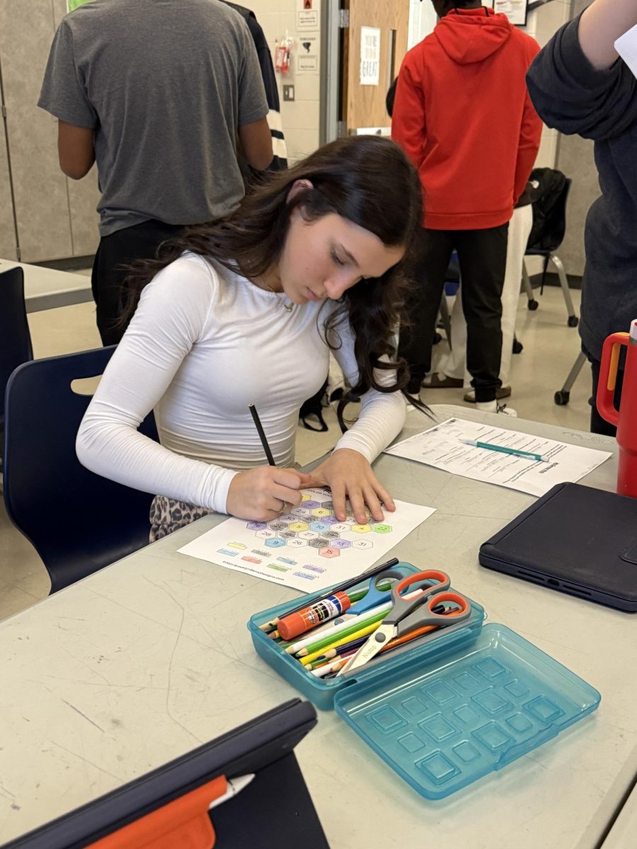 Freshman Lily Combs colors in her mood for the day. In her class, Principles of Human Services, she has been working on a mood tracker which allows her to color how she is feeling every day. “I like the mood tracker because it is calming, and it helps you reflect on your month,” Combs said. “It allows me to see how my mood and days change progressively.”