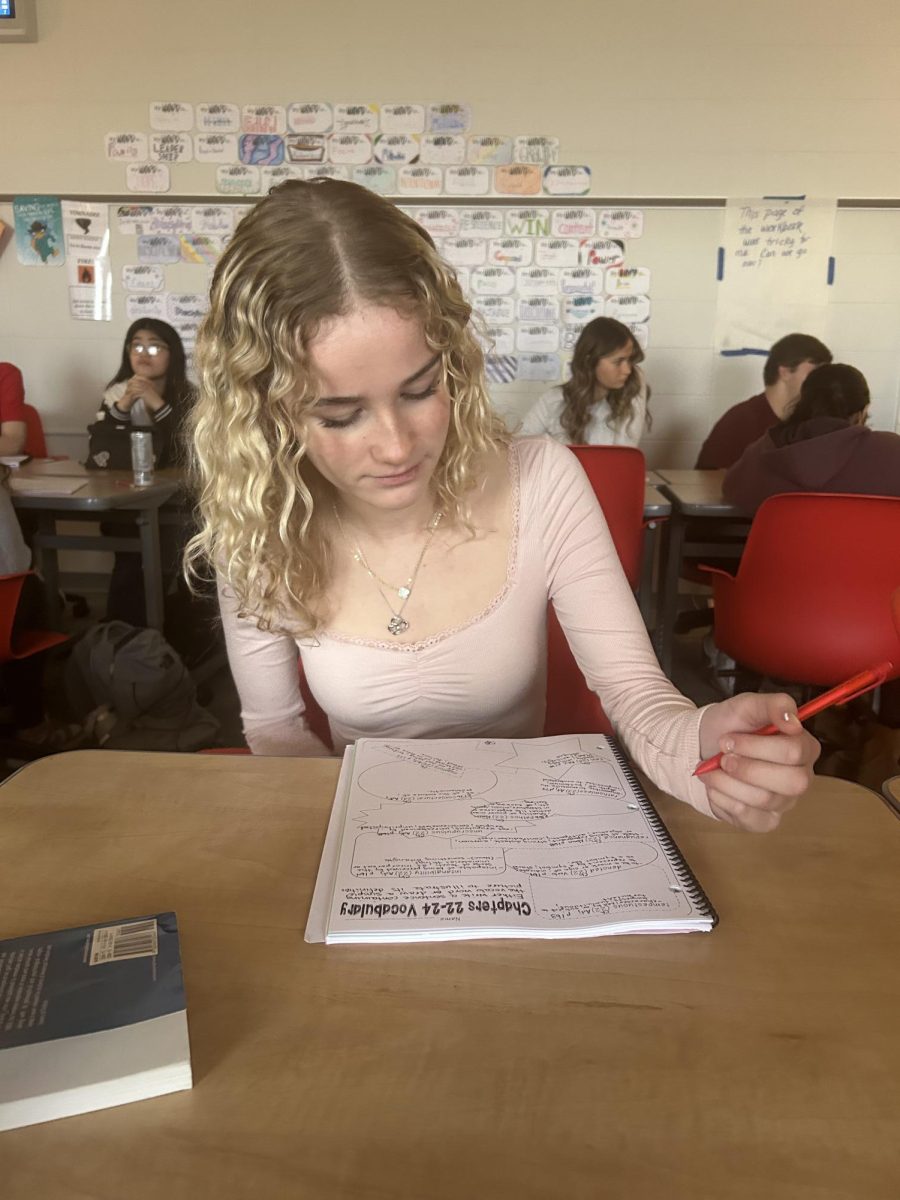 Sophomore Violette Schiefelbusch-Morelock works on her Scarlet Letter workbook for her Honors English class. This class had just finished their book and were studying in this workbook for the big test. “I think that the Scarlet Letter has a good message,” Schiefelbusch-Morelock said. “I feel like it relates to a lot of things we struggle with today.”