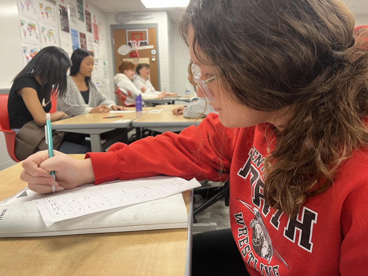 Sophomore Emily Allen works on a molecular geometry assignment in class. Earlier in the unit, students learned how electron pair repulsion shapes molecules. “Seeing the structures in 3D really helps me understand how molecules actually form,” Allen said.