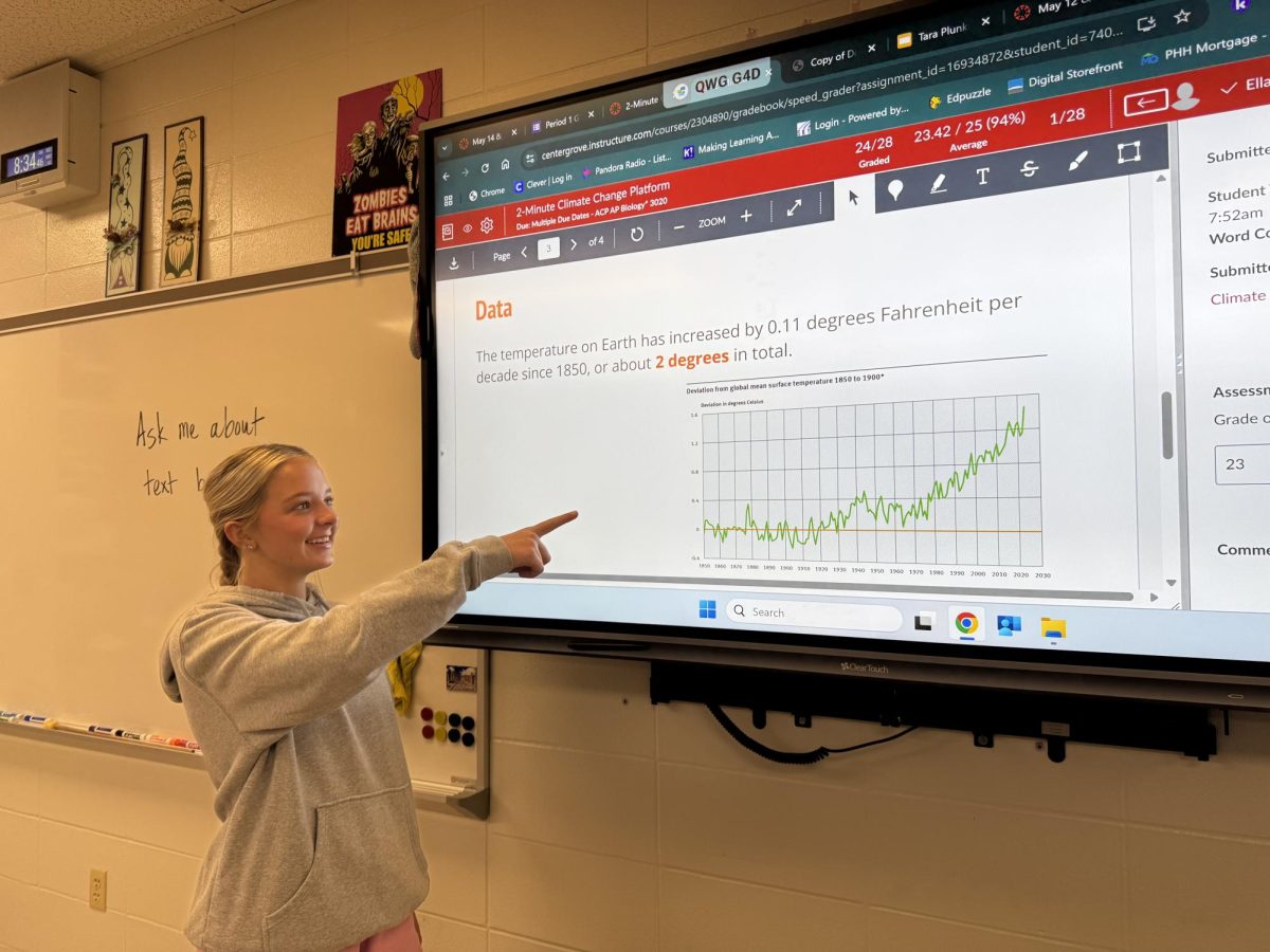 In AP Biology, junior Ella Barrett, presents her climate change presentation. The class had to research specific topics that are affecting climate change and come up with a plan of action to reduce the problems. “This project has given me a different view on our planet,” Barrett said. “Moving forward, I am going to think about the earth when making decisions like recycling, driving, etc.”