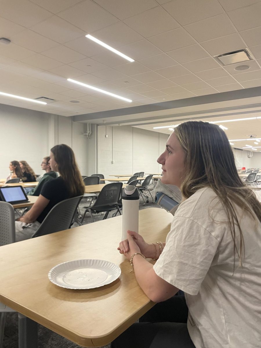 At the end of the year meeting for Science National Honor Society, sophomore Sierra Ferry watches officer candidates give their speeches. Ferry not only watched and voted for candidates, but she also ran for vice president. “I like science NHS because I love science and the activities we did over the year were fun,” Ferry said. “I ran for office because I’m passionate about science and I wanted to have an important position in a club that I care about.”