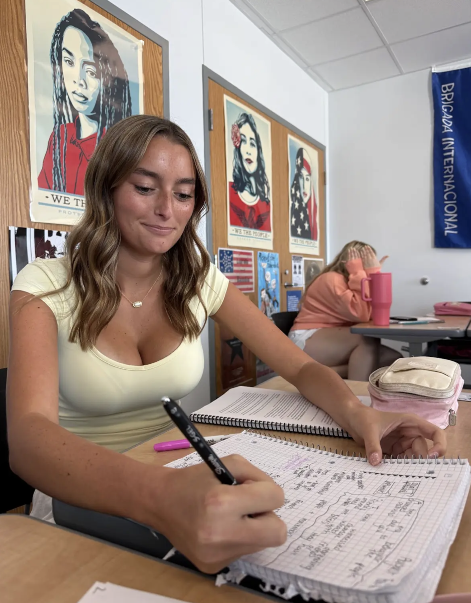 Senior Tara Parlagreco takes notes during a class discussion in Sociology. The class watched an episode from "30 Days," a social experiment show, and discussed what they observed from the film. “I really enjoy Sociology class because of our class discussions,” Parlagreco said. 