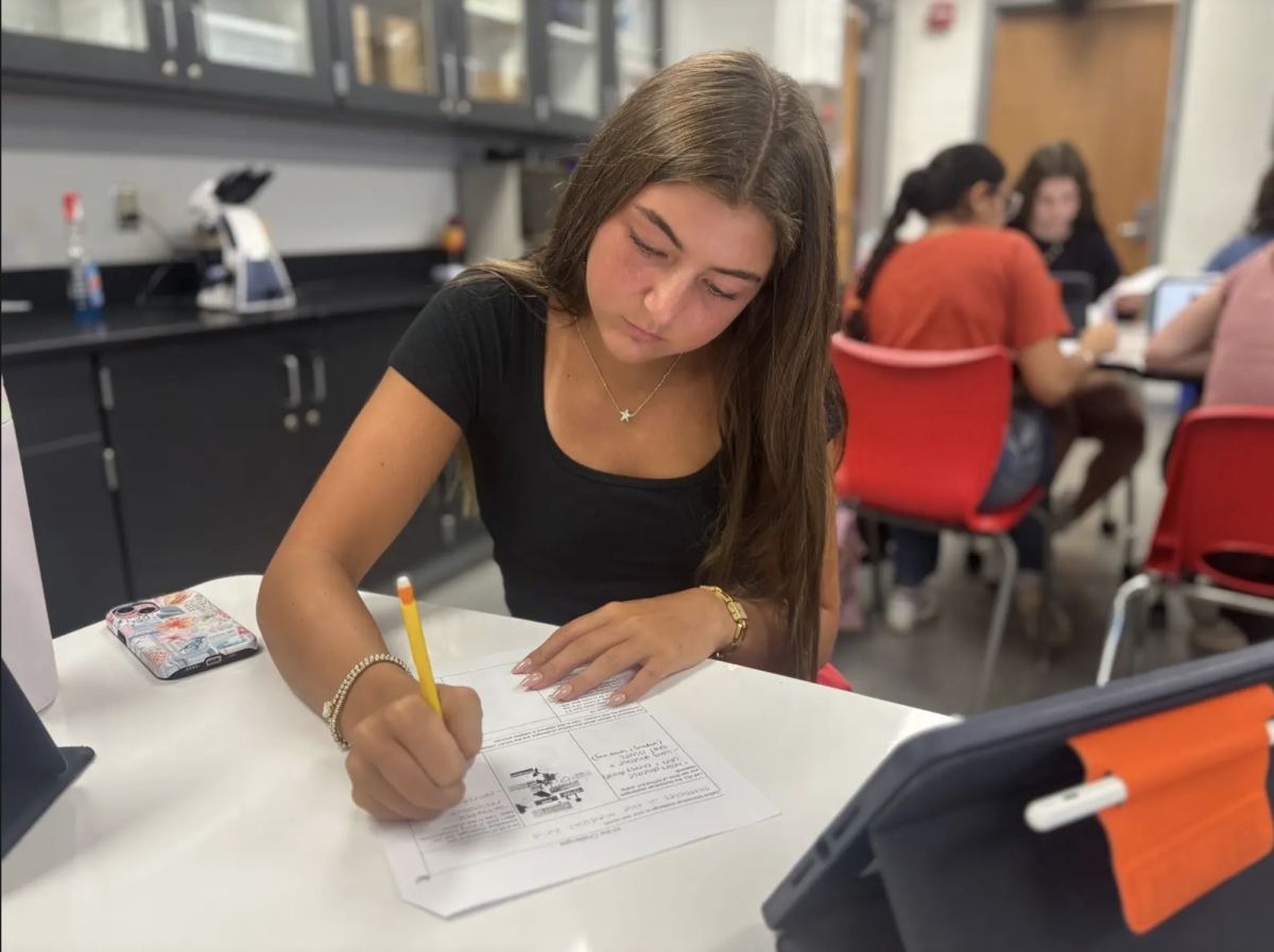 In Andrea Teevan’s fourth year BioMed class, senior Avery Osborn writes in her BioMedical Innovation notebook. The class researched 21st century health challenges to prepare for their first project where they created infographics for past biomedical innovations that were then shared in a gallery walk around the classroom. “This project allowed me to connect one of my real life experiences of having a jaw surgery,” Osborn said. “It contributed to a deeper understanding of the process [of plate and screw fixation] as I created and shared my infographic with my classmates.”