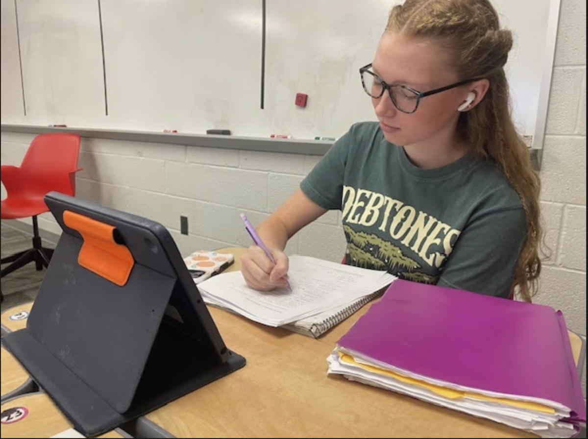 Junior Chayse Taphorn does practice problems in Amy Wingler's AIM. Taphorn was studying for her upcoming Honors Pre Calc test with the help of Wingler and friends. “When preparing for tests, I find visiting the teacher to be beneficial because it allows me to ask any last minute questions or ask for explanations on content that is unclear to me,” Taphorn said. “I think that extra help helps me preform to the best of my ability.”