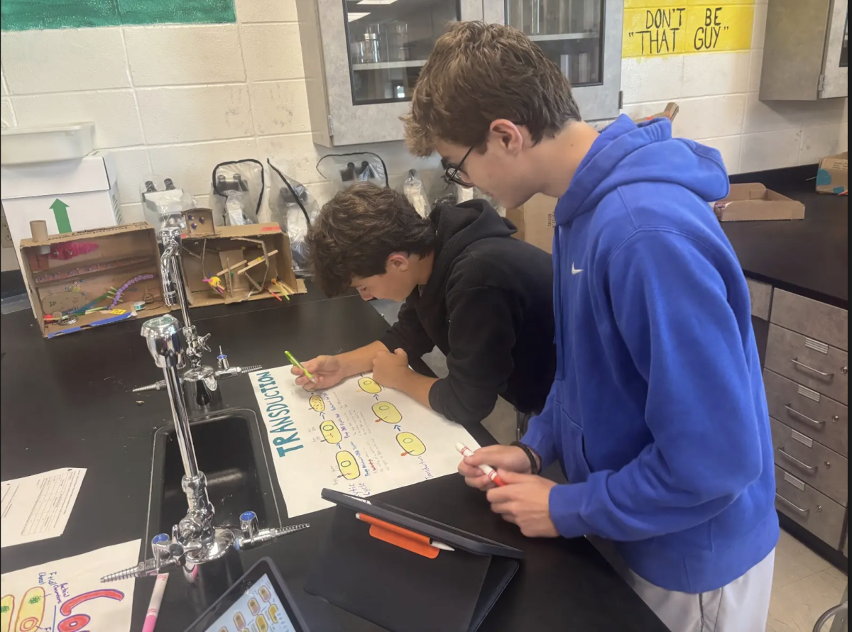 Juniors J Stout and Austin Petkovich create a poster in medical interventions. In Mr. Bishops tenth period class, students worked on their poster where they chose the topics of conjugation, transduction or transformation. “Currently, we are learning about bacterial conjugation, which is the transfer of DNA from one bacteria to another," Petkovich said. "We did a lab these past few classes to see what this looks like physically in a lab setting."