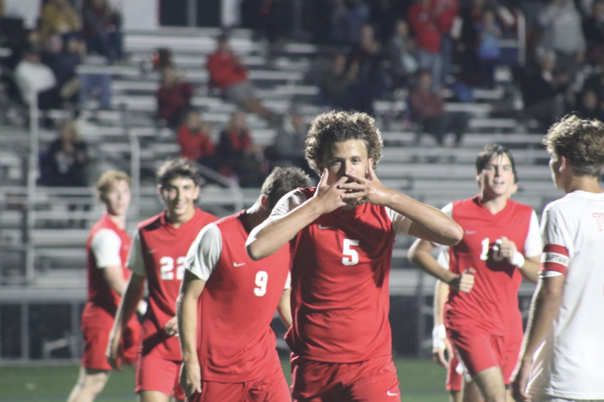 James Ignaut reacts after scoring a goal during the team’s 3-0 win over Fishers. Photo by Jake FIete

