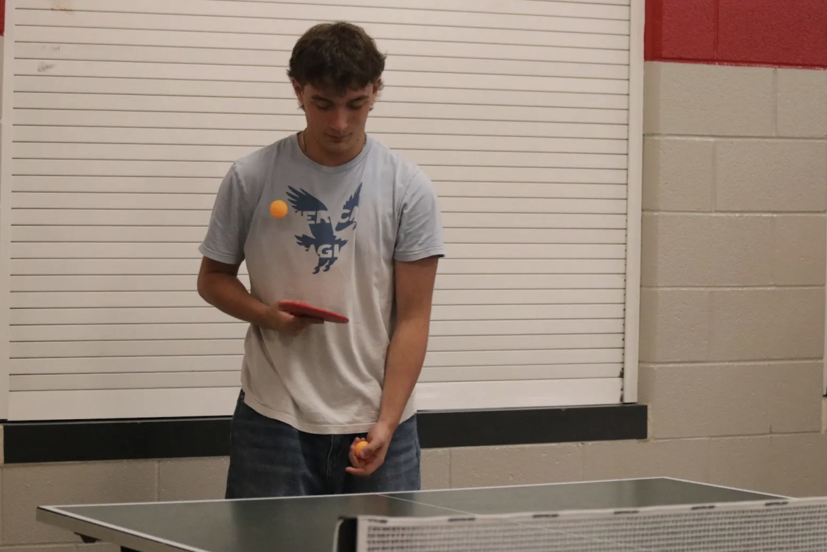 Sophomore Kellen Yerman plays ping pong during the weekly Ping Pong Club meeting above the Vandy Gym. This club is meant to be a good way to make friends and have fun. “Ping Pong club is fun because I like being around my friends and it is fun to mess around and have a good time.” 