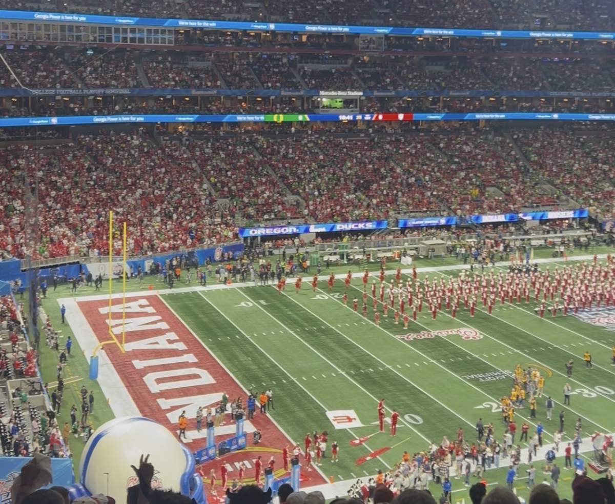 A view of the Indiana end zone in Mercedes Benz Stadium during the Peach Bowl, which Indiana won, defeating Oregon 56-22. The win guaranteed IU a spot in the national championship game on Monday, where they will face Miami.