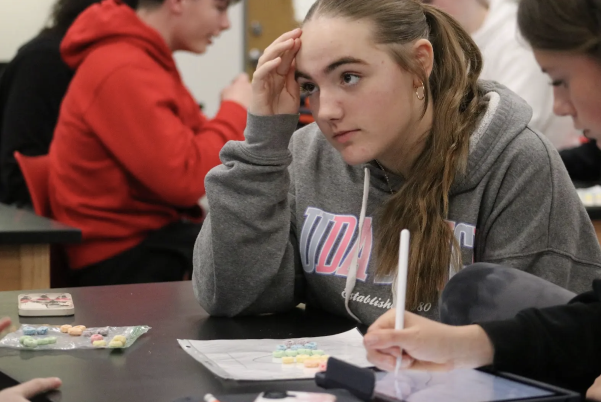 In Ryan Hendryx’s Honors Biology class, freshman Charley Schlemmer learns about natural selection by doing a fruit loop lab. Certain colors were picked to double or get rid of to show what natural selection is like, which helped students gain a deeper understanding of this topic. “It helped me see how natural selection works in the real world and in real environments and how one trait can be attacked and one can be favored depending on the environment,” Schlemmer said.