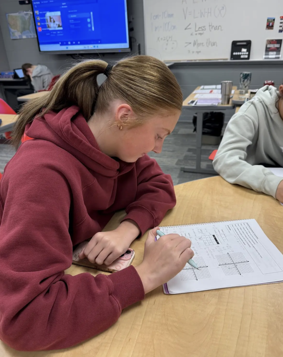 While working in Christina Rose’s Algebra 1 class, freshman Lucy Pritchard solves problems and learns how to break down expressions. “Through the assignment, I learned how to fully factor expressions by finding the GCF first and then factoring the rest of the expression,” Pritchard said. 