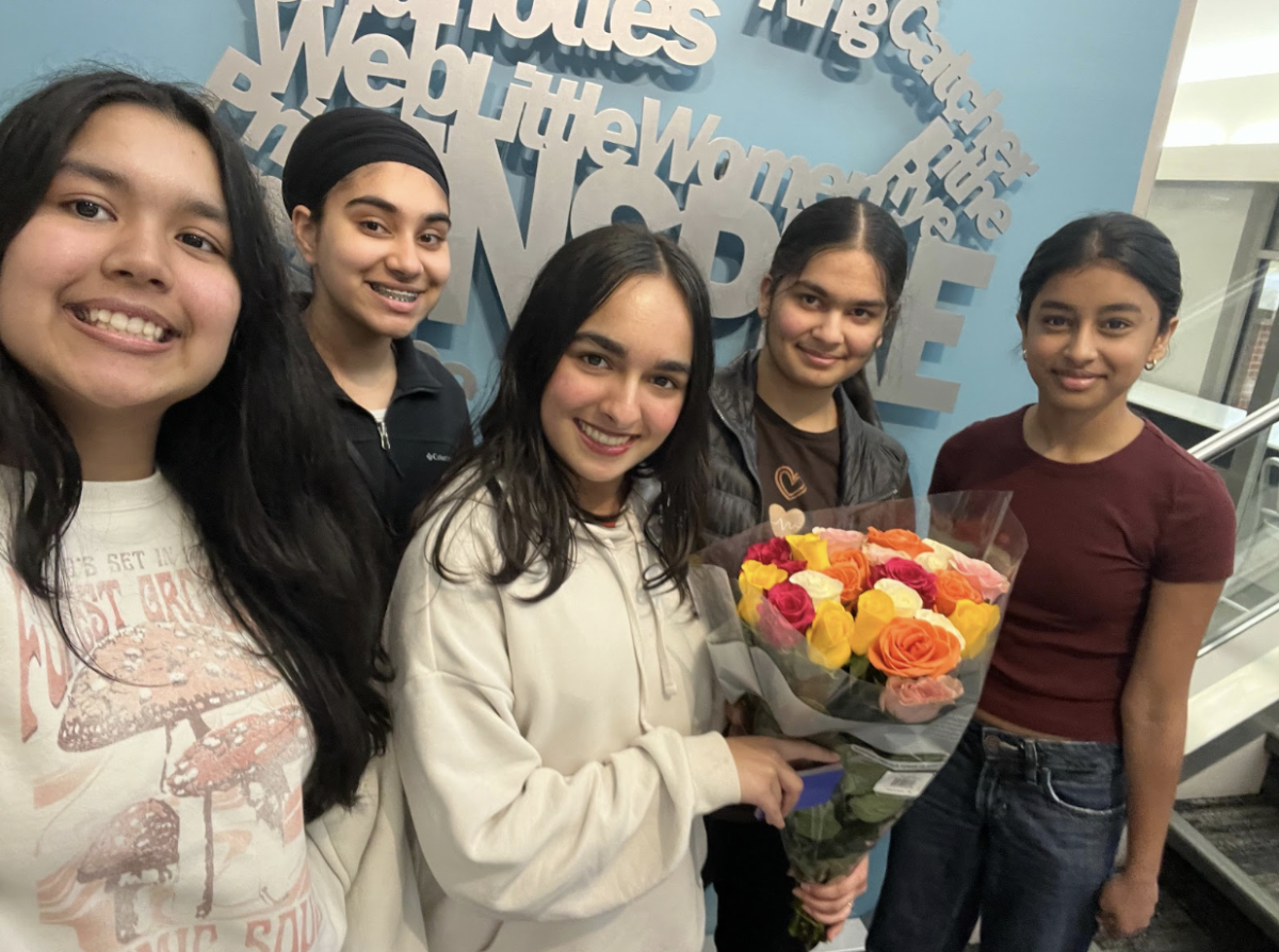 Freshmen Tia Kalita, Mnunt Kaur, Ira Gabale, Aanya Malhotra, and Tanya Potturi pose for a picture at the Greenwood Library. 