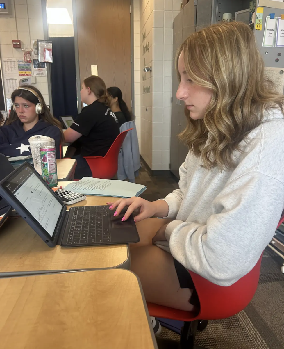 Taking a practice test, Freshman Lily Nielsen prepares for her upcoming AP World History test. With the AP World test coming in two weeks, students in Mr. Hagedorn’s class have begun reviewing by taking practice tests, completing study guides, re-reading their textbook, and watching videos. “This is my first AP test,” Nielsen said. “I want to do well on it so I’ve been studying in the free time that I have. Mr. Hagedorn has been giving us a lot of good resources that have helped me a lot.”