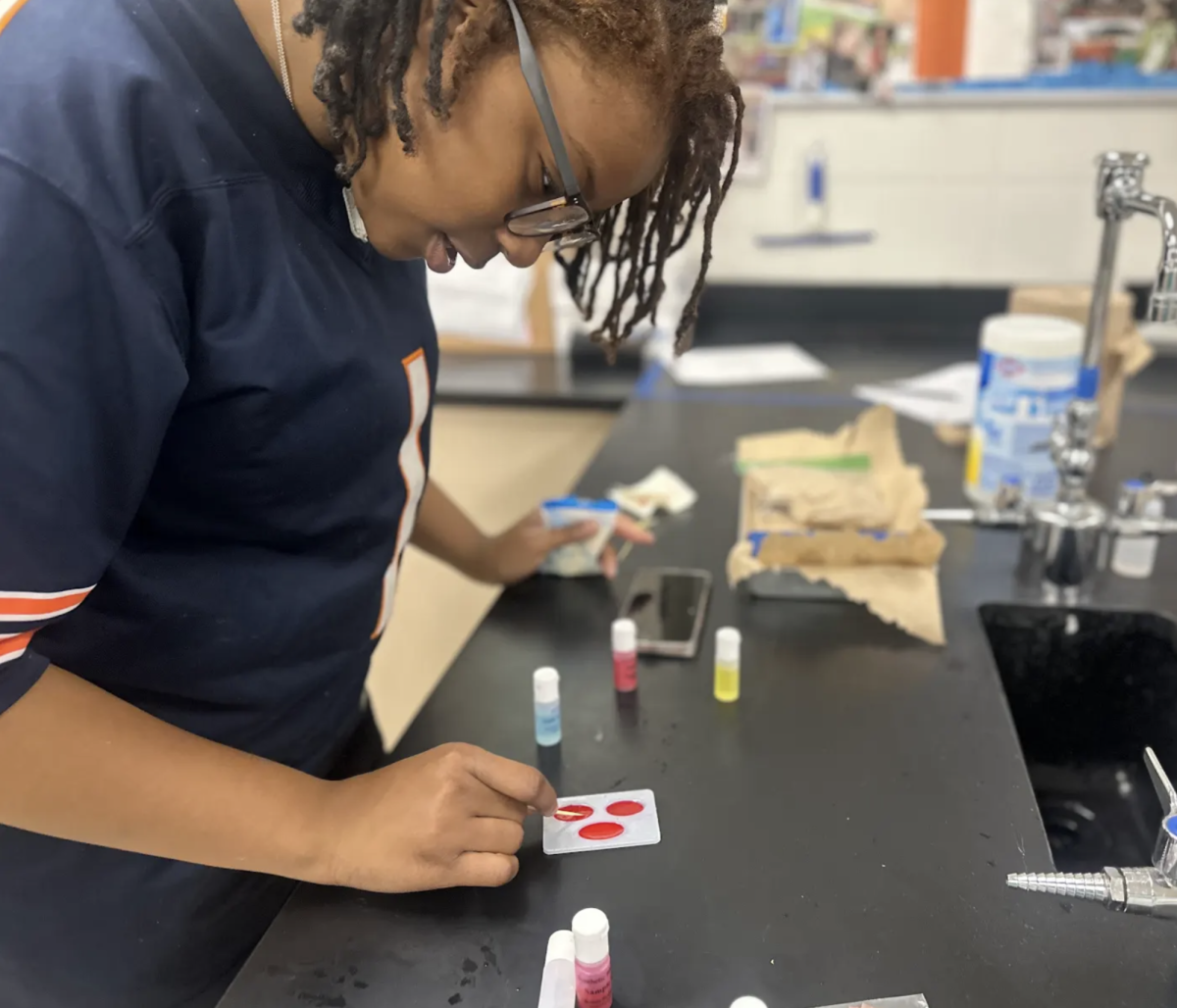 While doing a lab, Senior Elaine Bowers identifies different blood types in hopes to find a match in Ms. Myers forensic class. ''One of the reasons I decided to do forensics was for labs like this," Bowers said. "We learned about blood types last unit, and now we are using that to solve cases and match up DNA.''