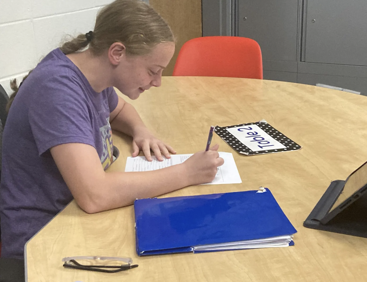 Freshman Ryleigh May focuses her attention on studying in preparation for her Algebra final next week. “I’m most scared for my algebra final because that’s my toughest class and it’s always been very hard for me,” May said. 
